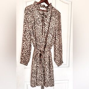 LOFT Animal Print Button-Up Belted Long Sleeve Ruffle Neck Dress Size 18